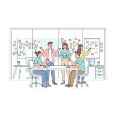 Creative team brainstorming with sticky notes in office. Agile workshop planning product tasks and sprints. Design squad ideates with whiteboard. Coworkers organize ideas on a bright workspace wall