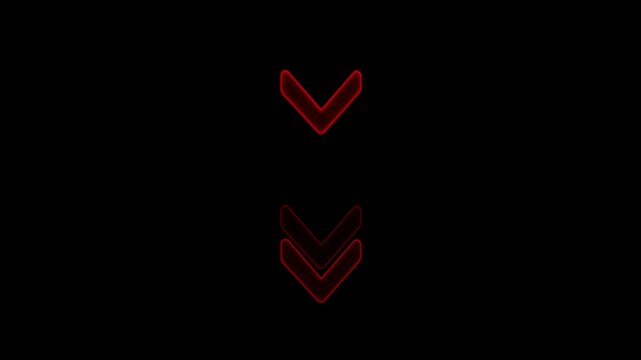 Two sets of glowing red chevron arrows pointing downwards against a black background direction