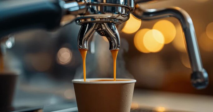 Espresso machine preparing fresh coffee in paper cup