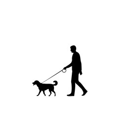 Silhouetted man walking a dog on a leash outdoors with ample white space isolated on white background Vector Illustration