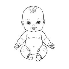 Adorable baby sitting with chubby cheeks and open arms simple outline drawing isolated on white background Vector Illustration