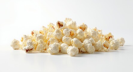 Pile of Fluffy, Crispy Popcorn Against White Background