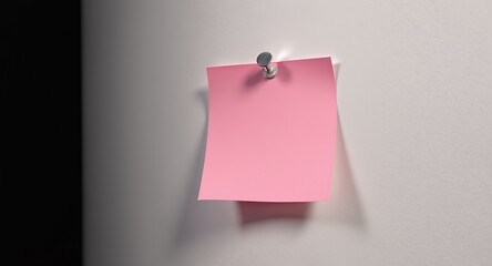 Pink sticky note pinned to a wall with a thumbtack