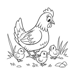 Cute Cartoon Hen Line Drawing