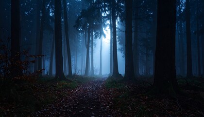 A mysterious, foggy path winds through a dark, dense forest