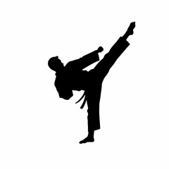 Dynamic silhouette of a martial artist performing a high side kick in karate uniform isolated on white background Vector Illustration