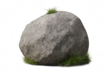 Rough grey rock boulder with green grass growing around and on top, isolated on transparent background