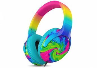 Colorful tie dye headphones isolated on white background