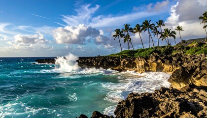Dramatic wave crashing on a rocky shoreline with palms and sky