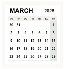 Minimalist March 2026 calendar page vector design, clean printable monthly planner layout for business scheduling and office productivity