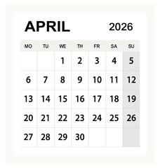Clean minimalist April 2026 calendar design, modern printable monthly planner layout template, vector page grid for office or corporate schedule planning