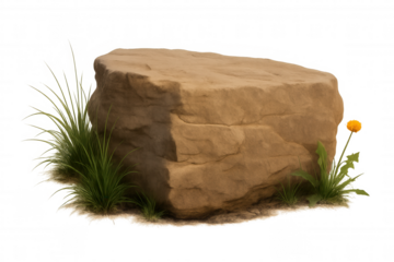 Solid rock boulder creating an empty podium, showing natural texture with green grass and dandelion flower. Transparent background