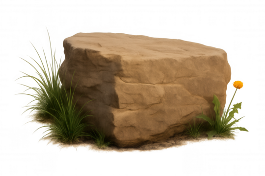 Solid rock boulder creating an empty podium, showing natural texture with green grass and dandelion flower. Transparent background