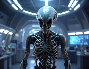 A skeletal humanoid alien in a futuristic, science-lab setting