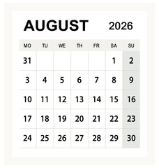 Stylish August 2026 calendar vector, clean monthly planner layout with modern typography for business or school scheduling