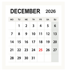 Elegant December 2026 calendar template, modern clean monthly planner layout for corporate, festive, or office scheduling use