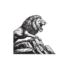 A Powerful Roaring Lion Standing on Craggy Rocks in Detailed Woodcut Style
