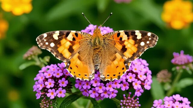 Painted lady butterfly gracefully rests on vibrant purple buddleja flowers in a garden
