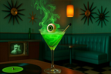 A glowing green cocktail with swirling smoke and a floating eyeball garnish sits in a retro 1950s diner - Generative AI