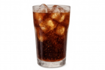 Glass of cola soda drink with ice cubes and bubbles, refreshing carbonated beverage, transparent background
