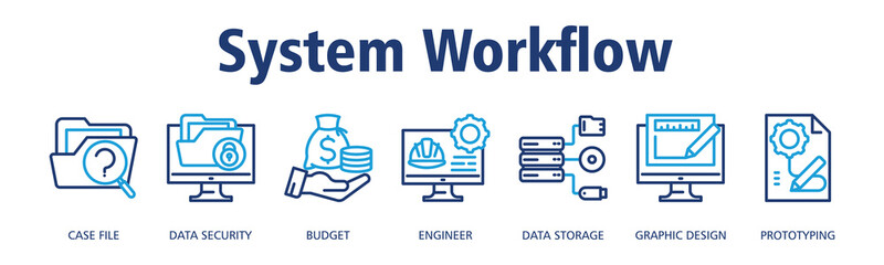 System Workflow banner web icon vector illustration concept with icon of Case File, Data Security, Budget, Engineer, Data Storage, Graphic Design, Prototyping
