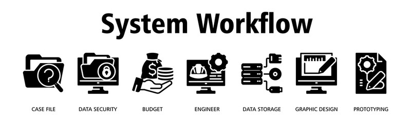 System Workflow banner web icon vector illustration concept with icon of Case File, Data Security, Budget, Engineer, Data Storage, Graphic Design, Prototyping
