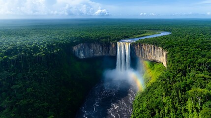 Aerial view of powerful waterfalls and rainforest creating beautiful rainbow and mist landscape