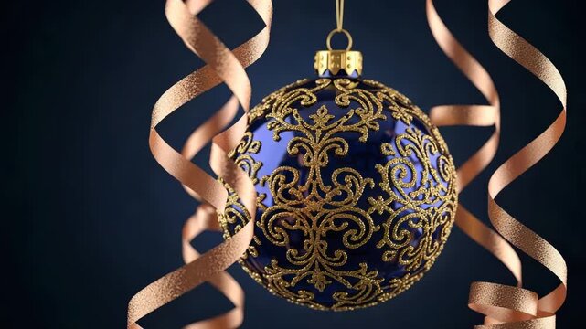 A festive blue christmas ornament with gold patterns and ribbons