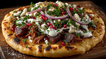 Ground lamb flatbread drizzled with yogurt, featuring warm spices in an overhead view with professional food styling lighting. 