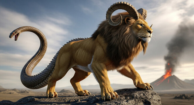 Mythical Chimera Creature Lion, Snake, and Ram Hybrid with Volcanic Landscape