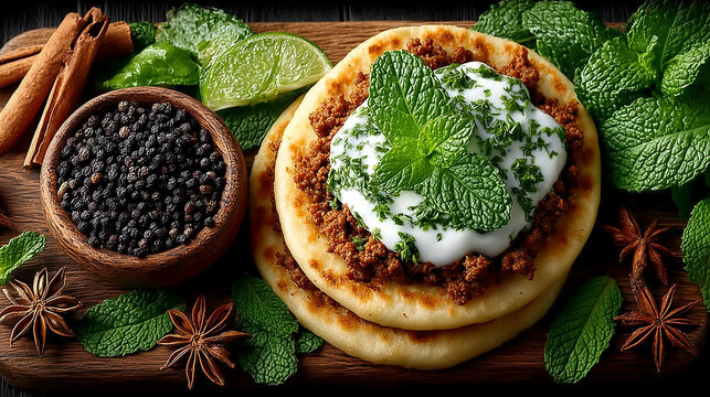 Ground lamb flatbread drizzled with yogurt, featuring warm spices in an overhead view with professional food styling lighting. 