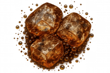 Cola ice cubes dissolving in a refreshing fizzy beverage with rising bubbles, creating a cool drink concept