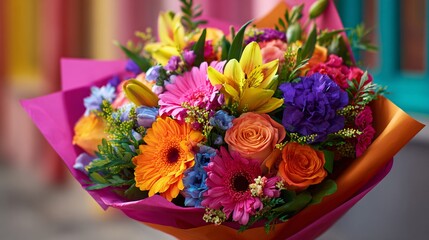 Colorful bouquet in bright gift wrap