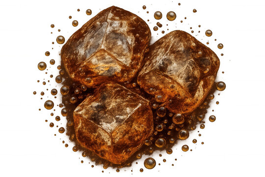 Cola ice cubes dissolving in a refreshing fizzy beverage with rising bubbles, creating a cool drink concept