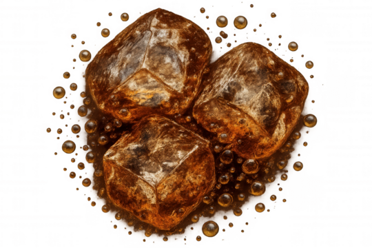 Cola ice cubes dissolving in a refreshing fizzy beverage with rising bubbles, creating a cool drink concept