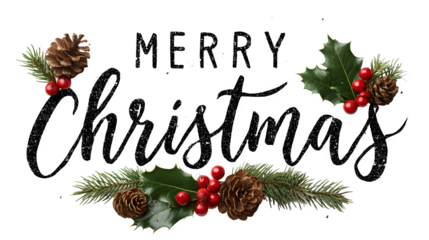 Christmas lettering in elegant calligraphy style decorated with holly leaves, berries, and pinecones isolated on white background