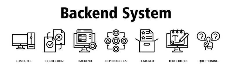 Backend System banner web icon vector illustration concept with icon of Computer, Correction, Backend, Dependencies, Featured, Text Editor, Questioning
