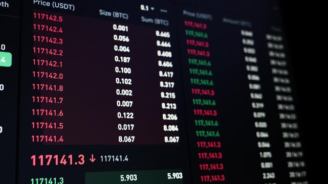 A dynamic close-up video of a cryptocurrency order book showing a rapid, real-time stream of Bitcoin price, size, and transaction data, with red and green numbers constantly updating.