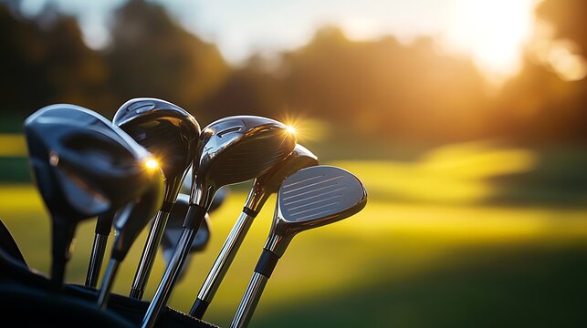 Close up of golf clubs in a bag on the course at sunset