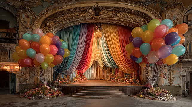 Empty historic theater stage with grand curtain partially open. 