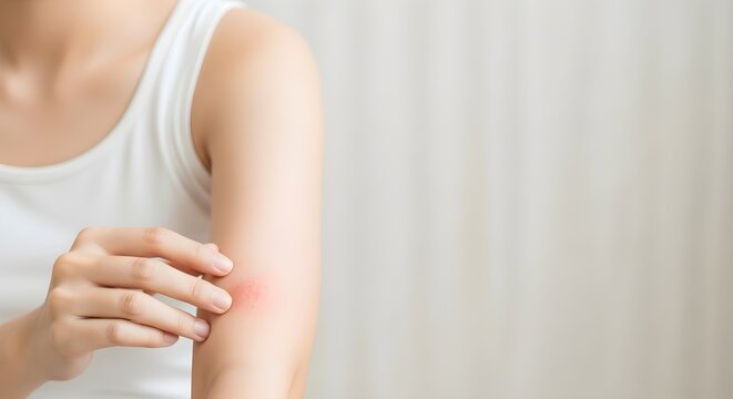 Itchy Skin Woman scratching red rash on arm due to allergy or insect bite