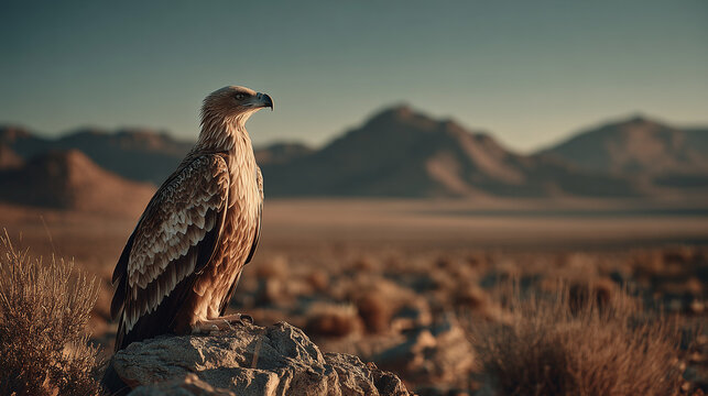 A vulture perched on a rock overlooking an antelope in a vast desert under harsh sun. 