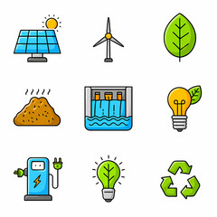 A collection of nine colorful, flat design icons representing various forms of renewable energy sources and environmental concepts, including solar panels, w...