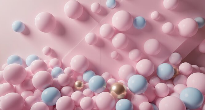 Abstract Geometric Background with Pastel Pink, Blue, and Gold Spheres, 3D Rendered Orbs and Bouncing Balls Pattern for Playful Modern Design, Sweet Celebrations, and Decorative Themes