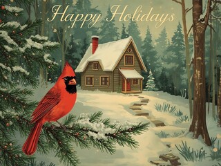 Peaceful winter cabin in snowy forest with a red cardinal perched on a pine branch, for holiday card background or festive seasonal overlay 