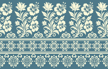 floral pattern vintage ethnic modern embroidery texture boho design vector illustration hand drawn pink flower motif branches leaves wallpaper seamless background border.	
