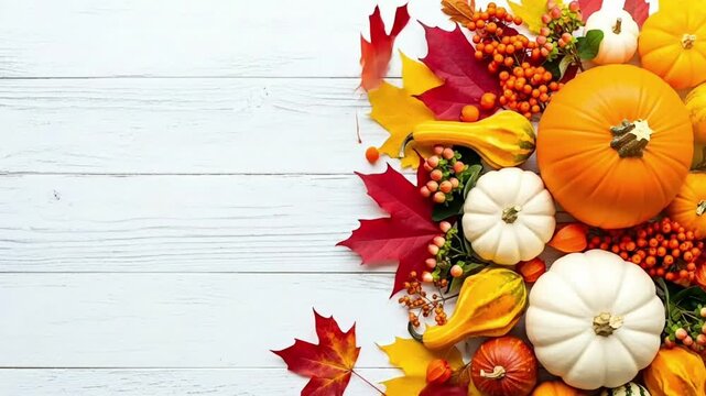 A unique and vibrant flat lay composition of a beautiful colorful autumn border with pumpkins, gourds, maple leaves and berries on a rustic white wooden background with ample copy space commercials 