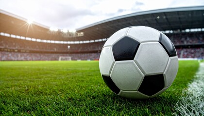 Experience the Thrill A Classic Soccer Ball Sits on Vibrant Green Grass, Ready for Action in a Bustling Stadium with Cheering Fans