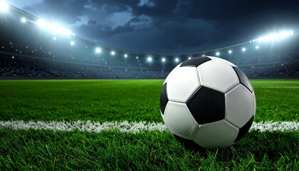 Exciting soccer game atmosphere with a ball on the vibrant green field and stadium lights shining bright ready for the action packed match