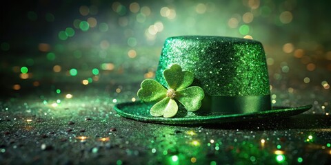 Green shamrock hat on dark background with sparkles and glitter, festive atmosphere, party, plants,  party, plants